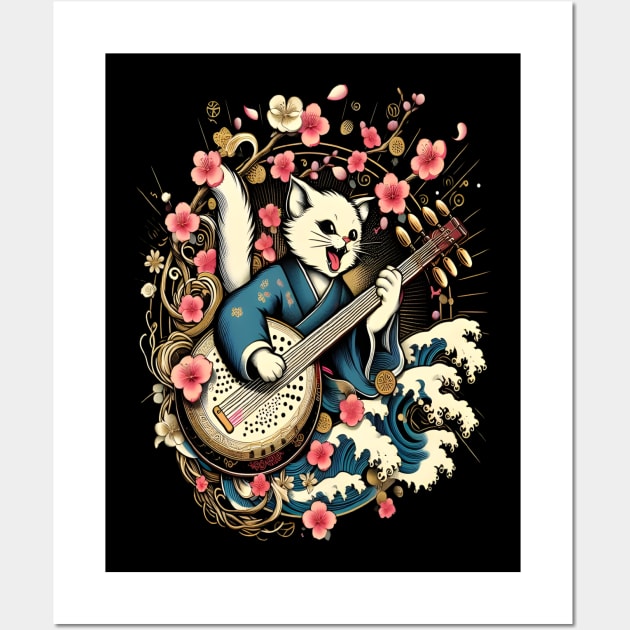 cat playing shamisen japanese Wall Art by justingreen